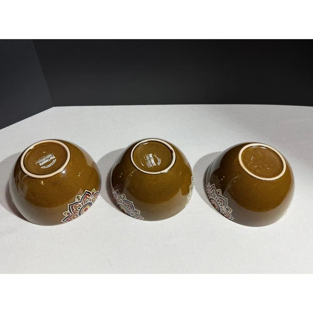 Pier 1 Imports Global Medallion Reactive Stoneware Cereal Bowls Set of 3 Green